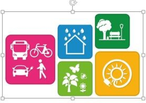 Verschiedene Icons zur Klimaneutralität, Link zum Quartierskonzept