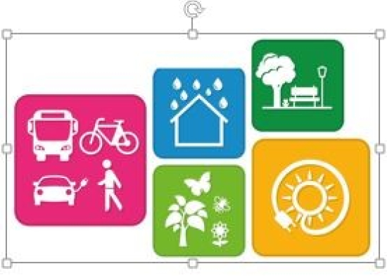 Verschiedene Icons zur Klimaneutralität, Link zum Quartierskonzept